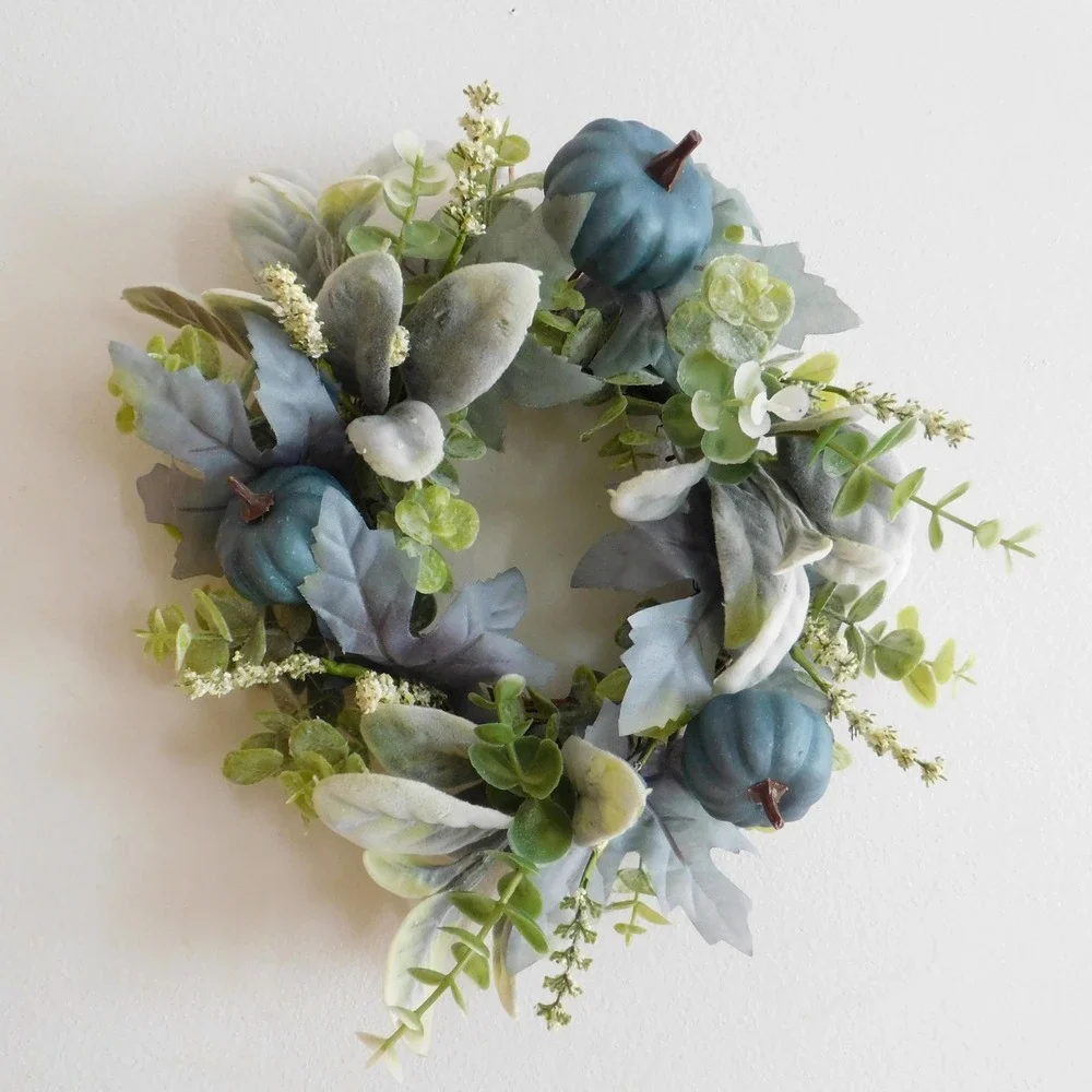 Blue Pumpkin Wreath, Fall Candle Ring Table Centerpiece